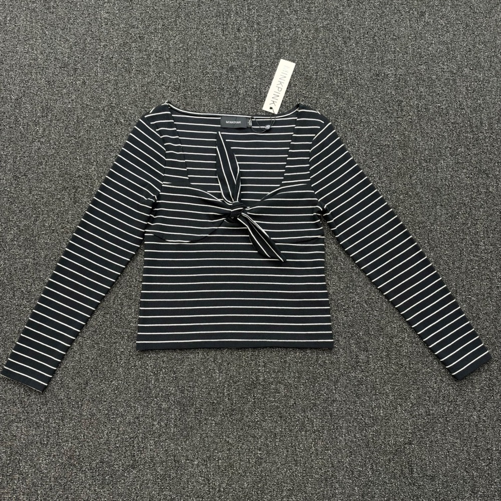 Minkpink Morgan Stripe Rib Top Long Sleeve Tie Front Women Large Black White NEW